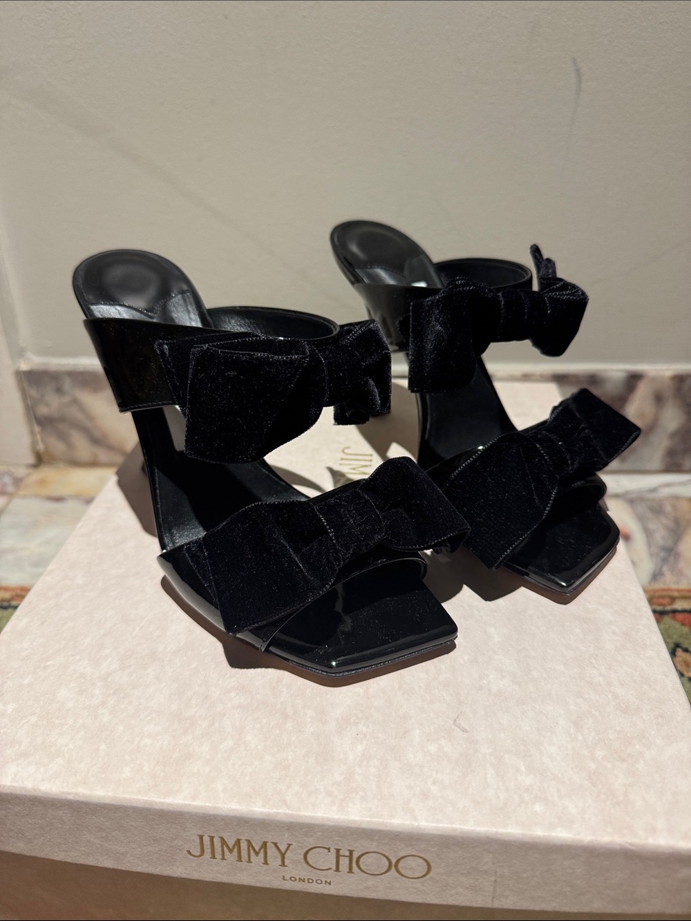 Jimmy Choo Black Velvet Bow Mule Sandals